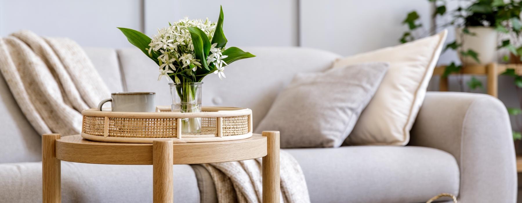 a grey couch with a table and a plant on it